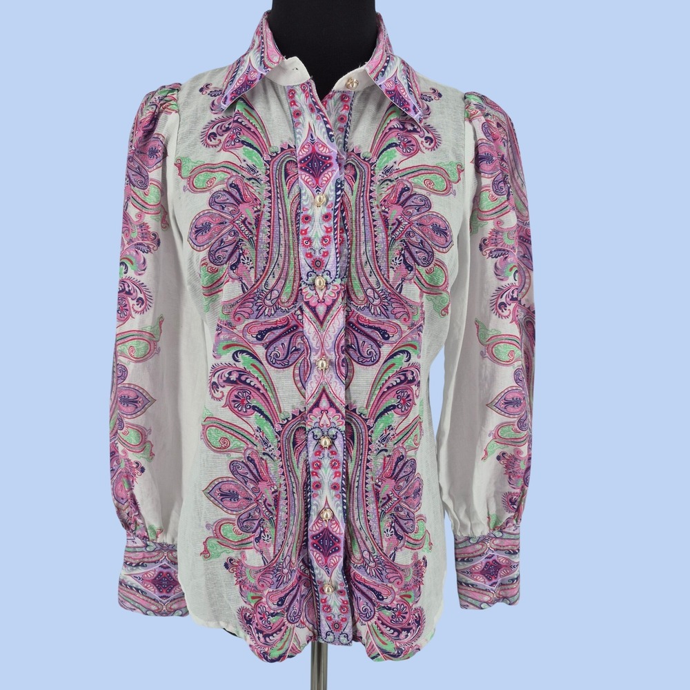 Boston Proper Pink Paisley Pearl Button Organza Blouse White XXS